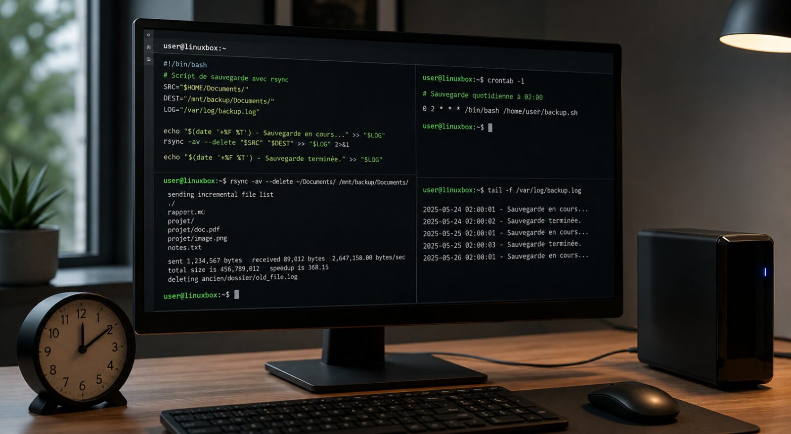 Sauvegardes Linux automatisées avec rsync et crontab