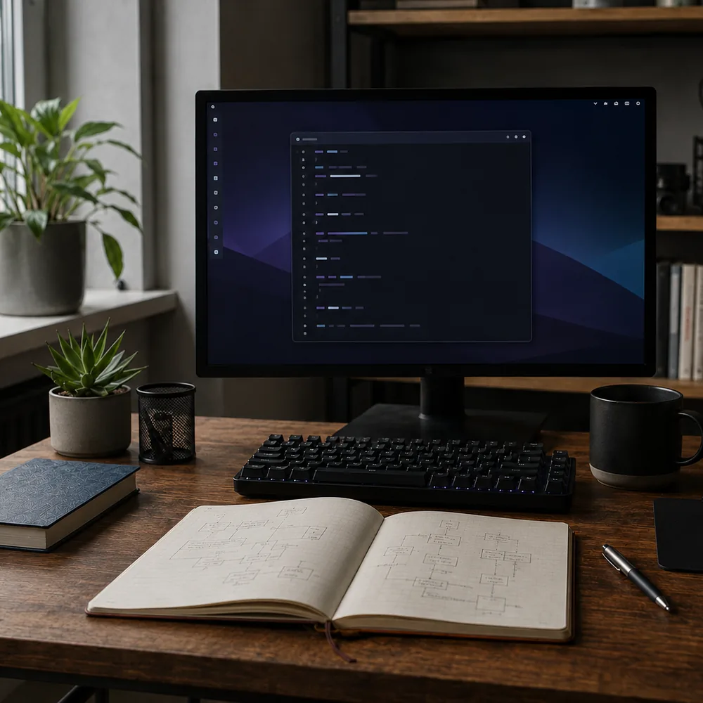 À propos de MémoLinux : bureau Linux avec terminal, clavier et carnet de notes pour les tutoriels