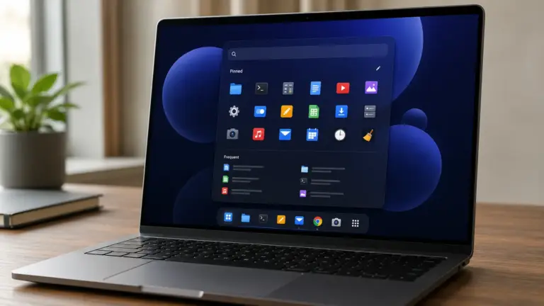 Ordinateur portable affichant le menu Démarrer d'AnduinOS 2.0, avec barre des tâches centrée et icônes épinglées façon Windows 11