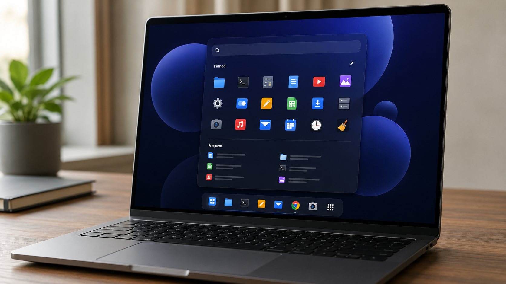 Ordinateur portable affichant le menu Démarrer d'AnduinOS 2.0, avec barre des tâches centrée et icônes épinglées façon Windows 11