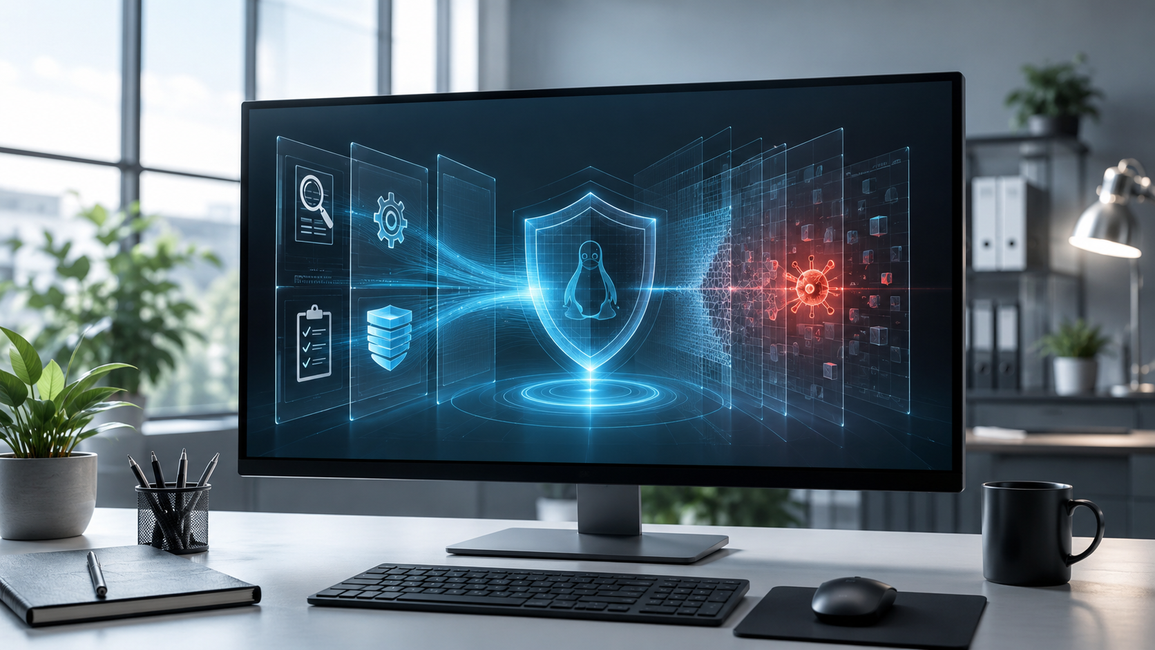 Poste de travail affichant une analyse antivirus Linux et la détection d’une menace cachée derrière un bouclier numérique