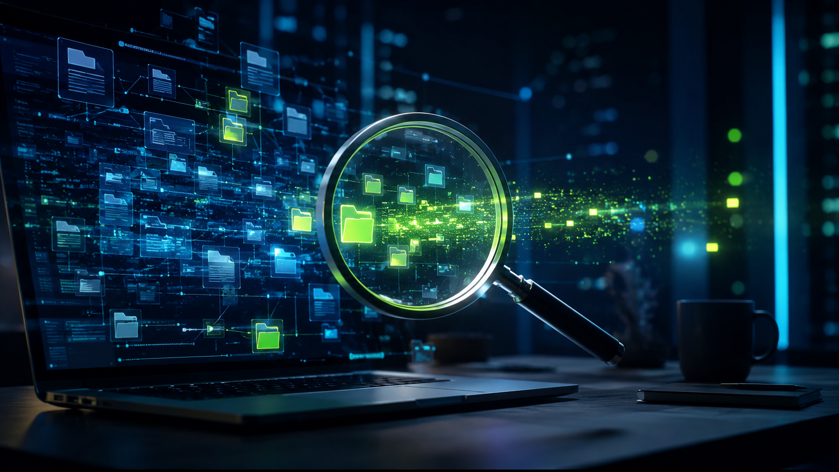 Loupe numérique mettant en évidence des fichiers parmi de nombreuses données sur un ordinateur Linux