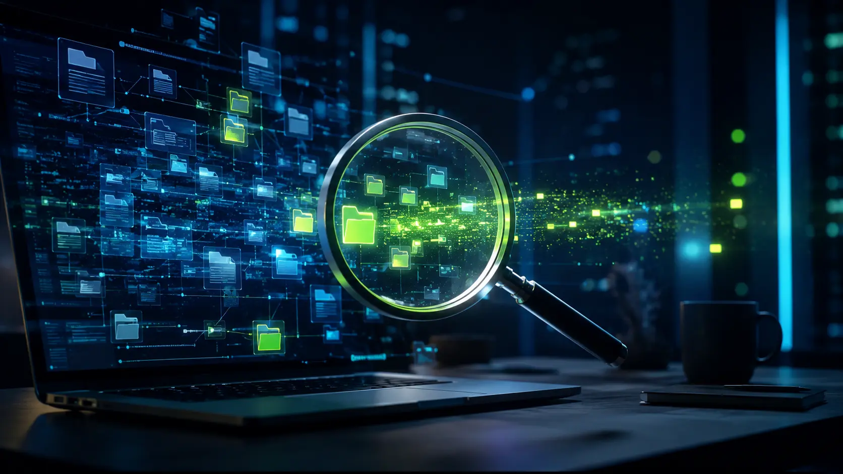Loupe numérique mettant en évidence des fichiers parmi de nombreuses données sur un ordinateur Linux