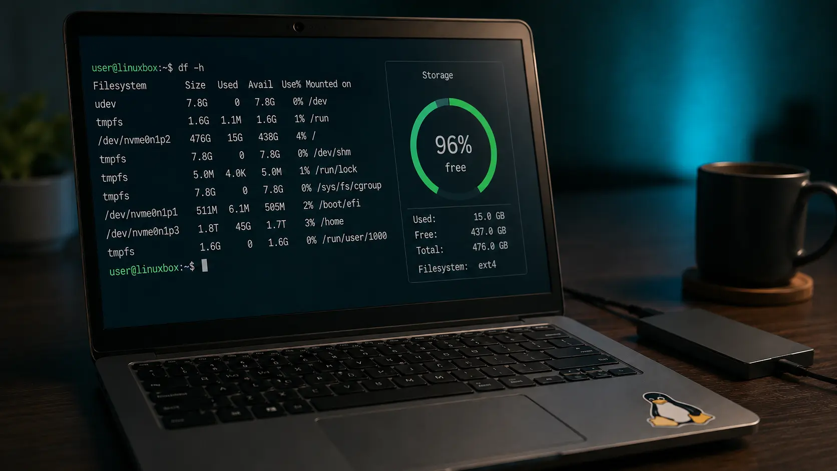 Ordinateur portable affichant la commande df -h et une jauge verte indiquant 96 % d’espace disque libre sous Linux.
