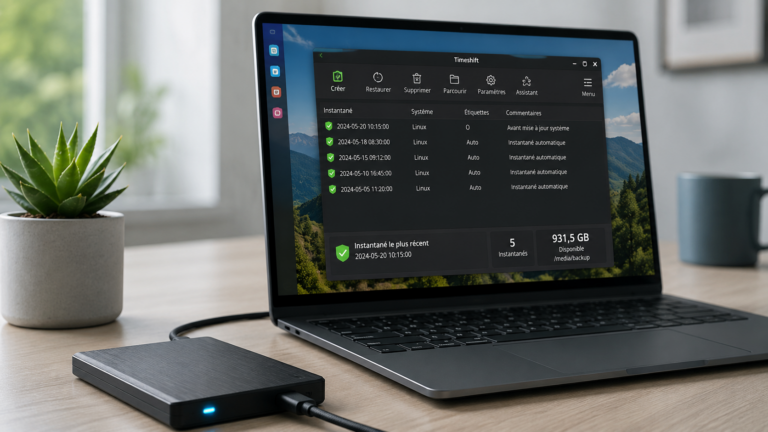 Ordinateur portable affichant Timeshift sous Linux avec plusieurs instantanés système et un disque SSD externe connecté.