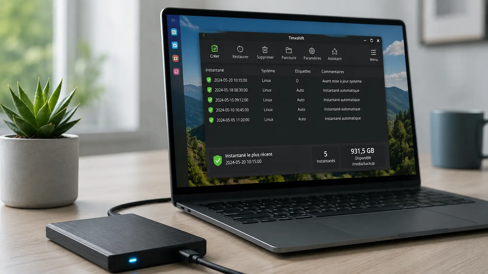 Ordinateur portable affichant Timeshift sous Linux avec plusieurs instantanés système et un disque SSD externe connecté.