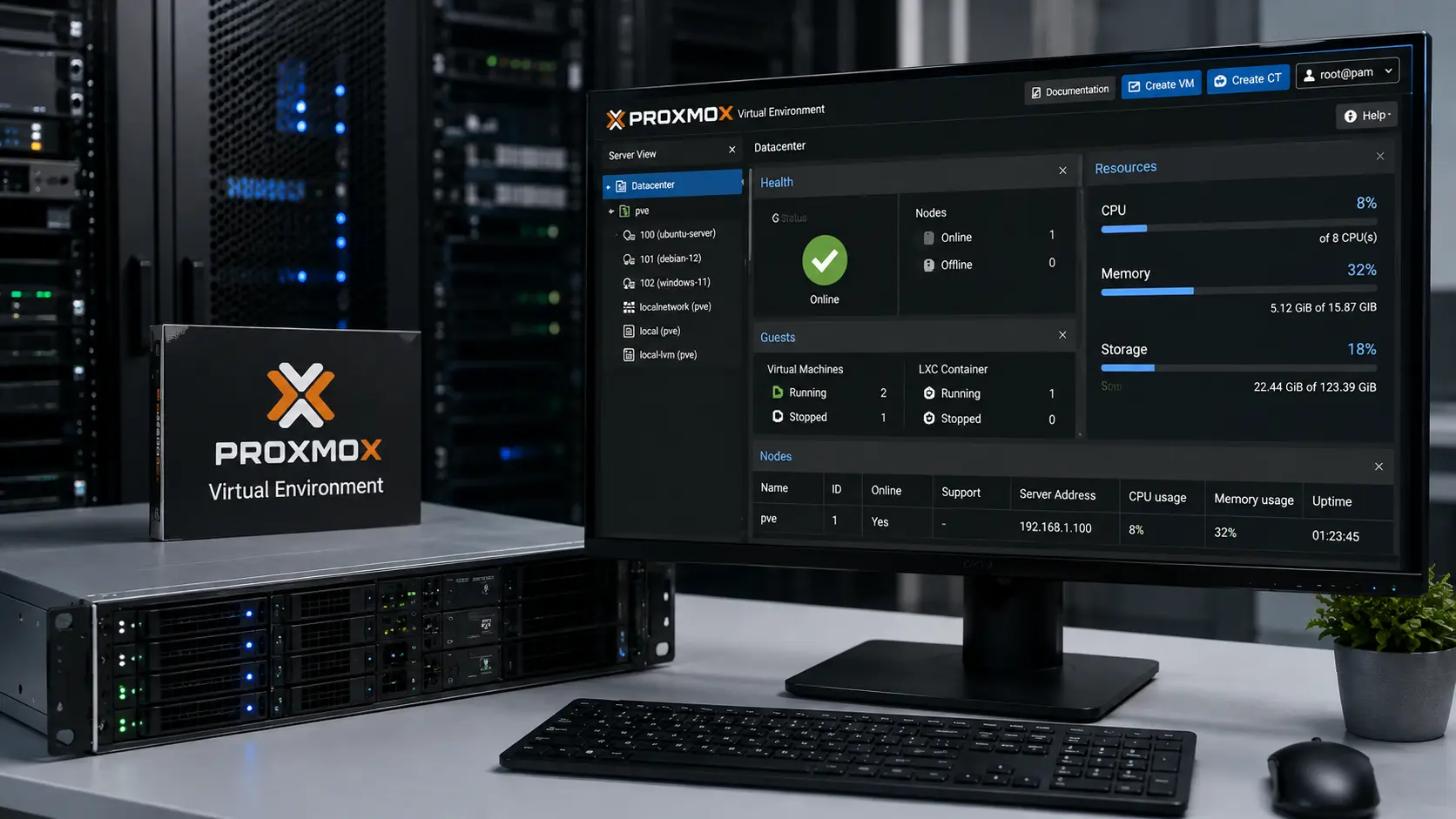 Serveur Proxmox VE avec interface web de gestion des machines virtuelles et conteneurs