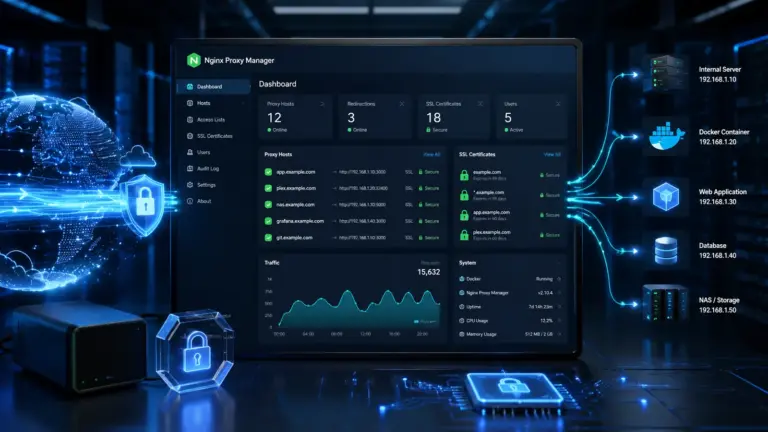 Nginx Proxy Manager centralisant des services Docker derrière un reverse proxy HTTPS avec certificats SSL
