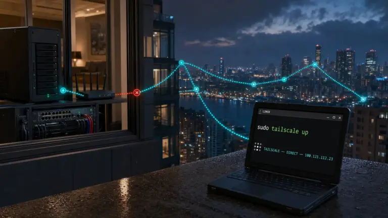 Ordinateur Linux connecté avec Tailscale à un serveur distant derrière un routeur, sans ouverture de port.