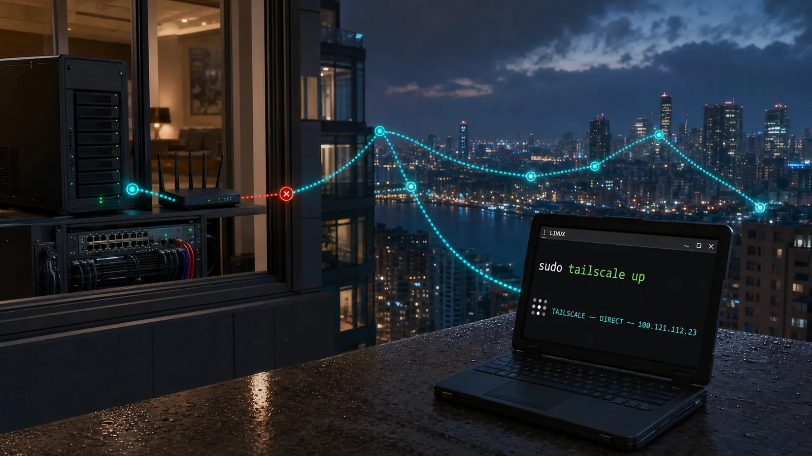 Ordinateur Linux connecté avec Tailscale à un serveur distant derrière un routeur, sans ouverture de port.