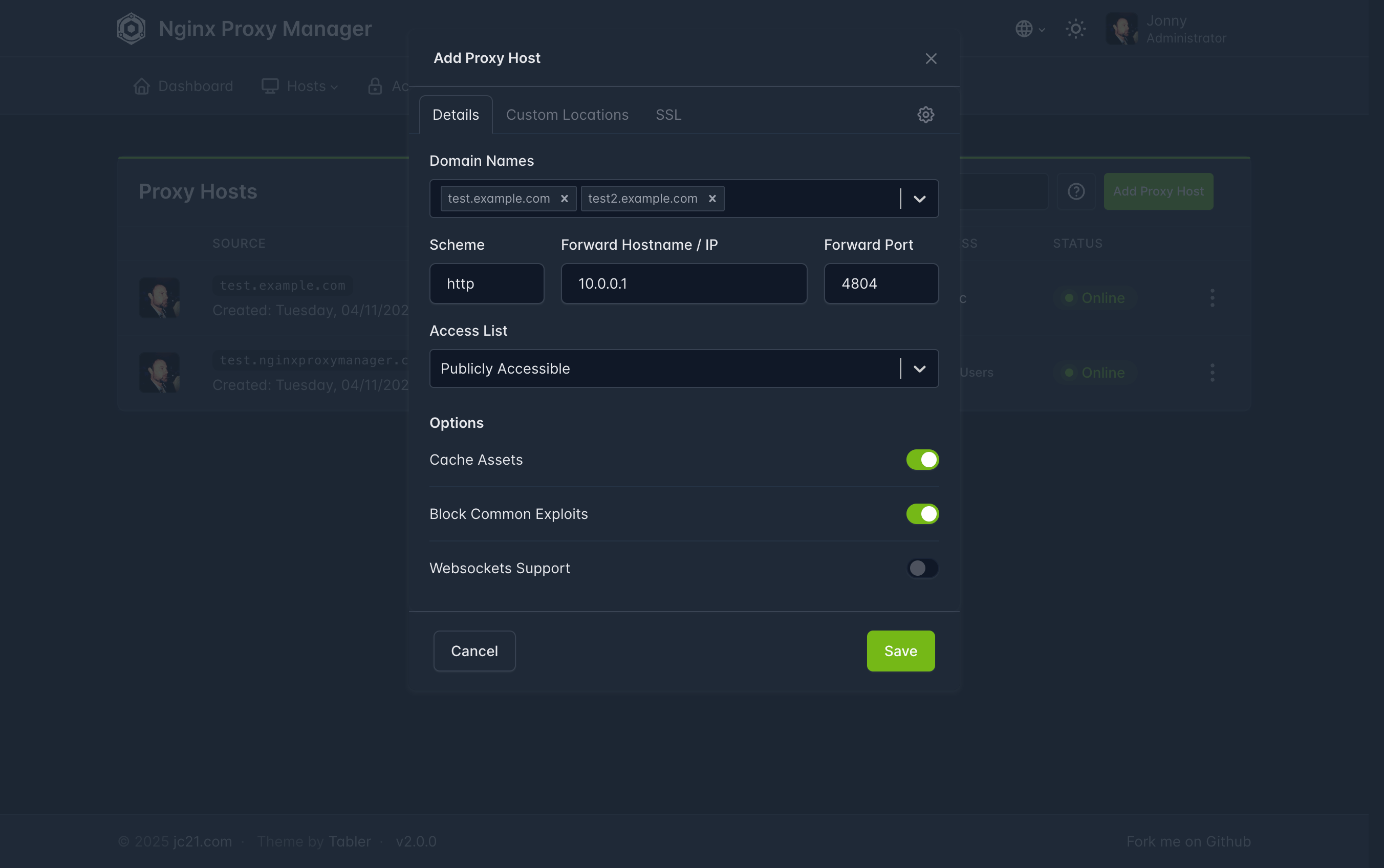 Formulaire Add Proxy Host de Nginx Proxy Manager avec les champs de destination et les options
