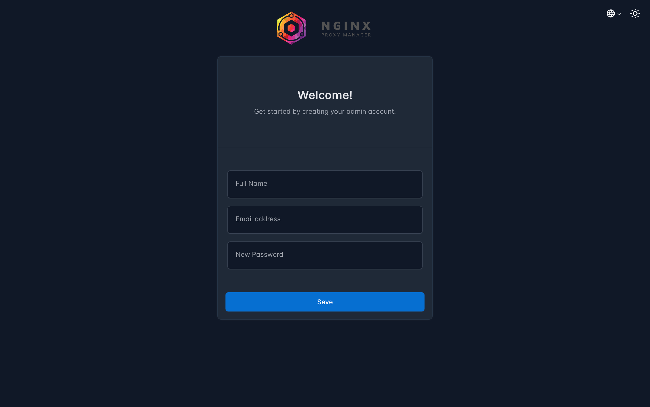 Formulaire de création du compte administrateur Nginx Proxy Manager au premier lancement