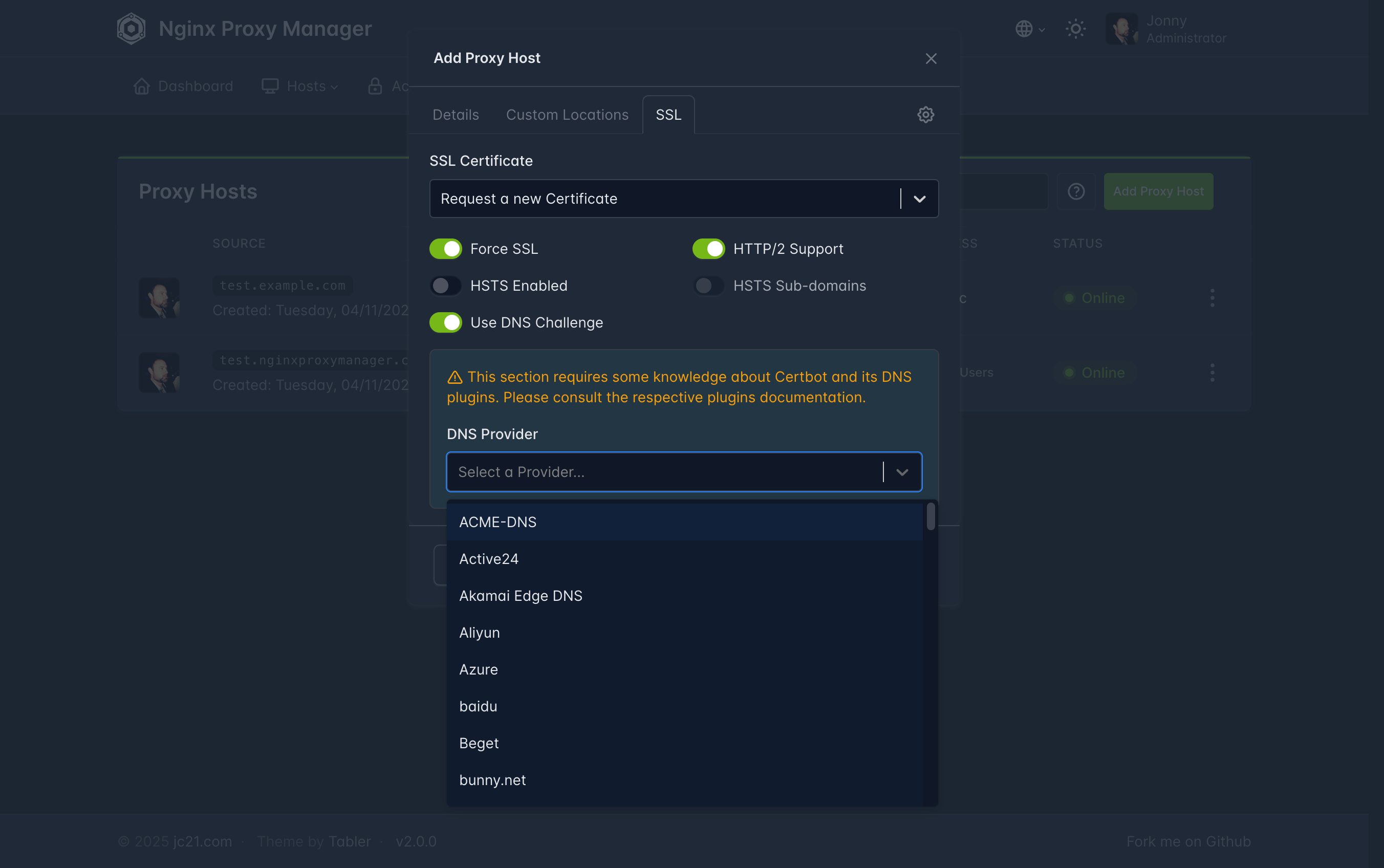 Onglet SSL de Nginx Proxy Manager avec la demande de certificat Let’s Encrypt et le DNS Challenge