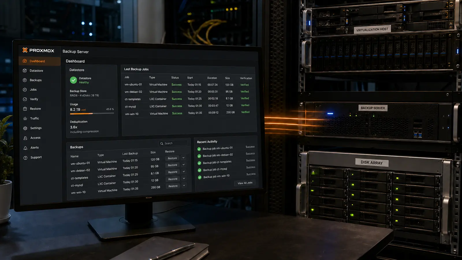 Interface de Proxmox Backup Server sauvegardant des machines virtuelles et des conteneurs LXC sur un datastore dédié