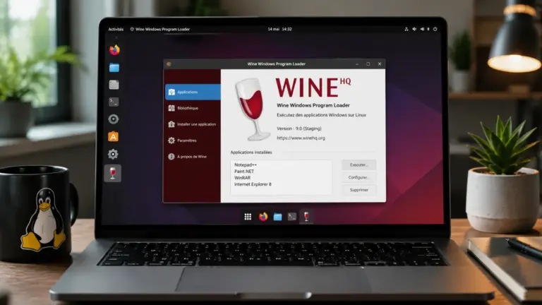 Ordinateur sous Linux exécutant un logiciel Windows avec Wine