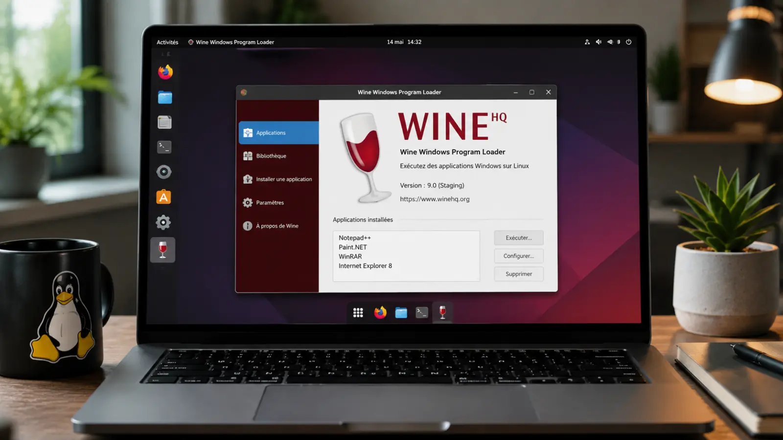 Ordinateur sous Linux exécutant un logiciel Windows avec Wine