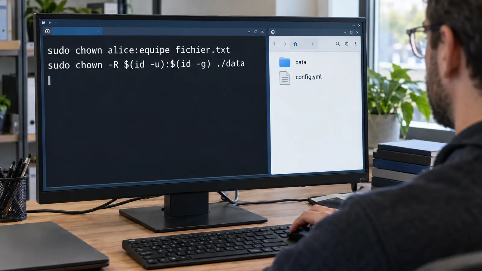 Commande chown Linux affichée dans un terminal pour changer le propriétaire et le groupe d’un fichier et d’un dossier