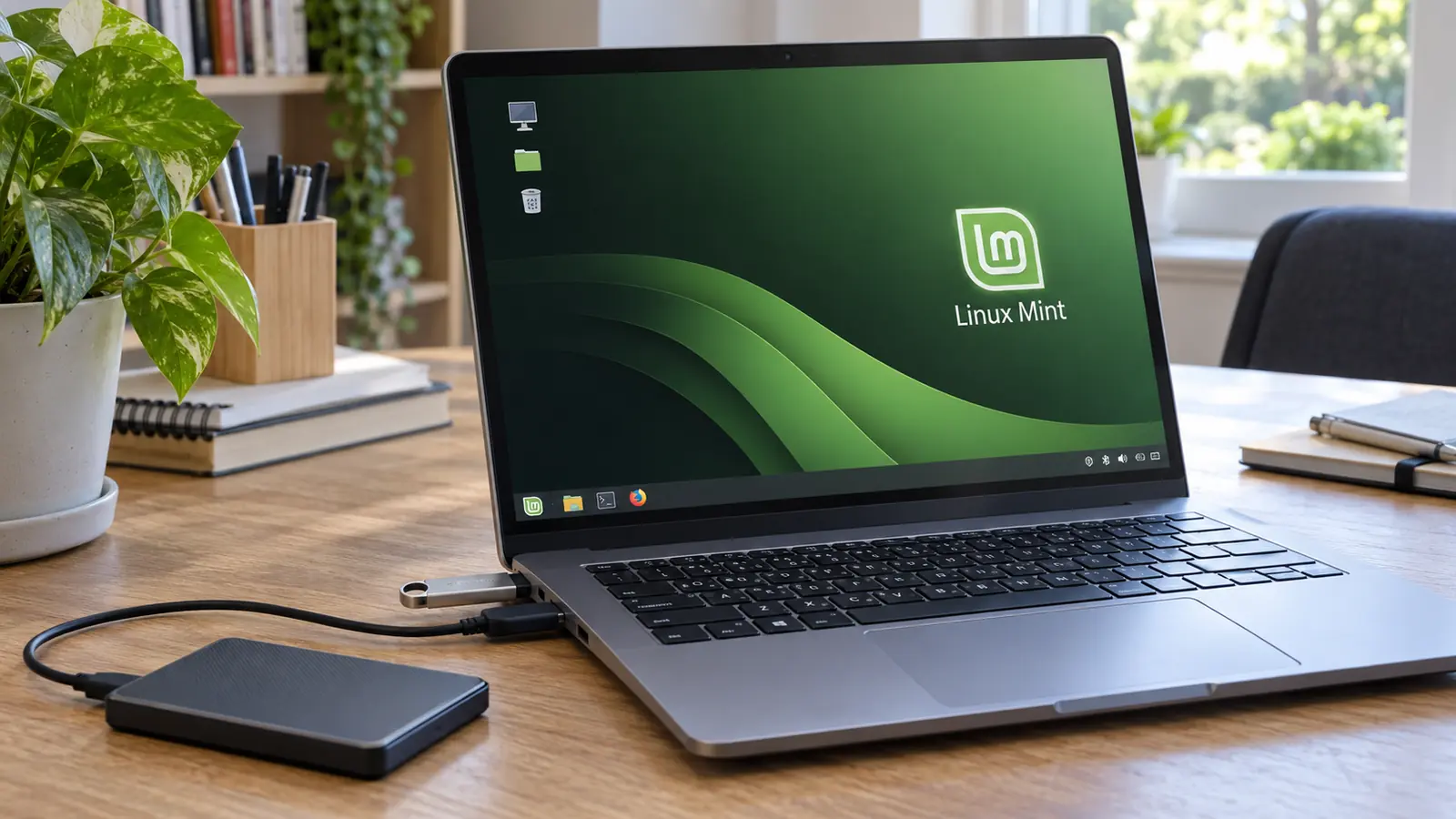 Ordinateur portable sous Linux Mint avec clé USB d’installation et disque externe de sauvegarde