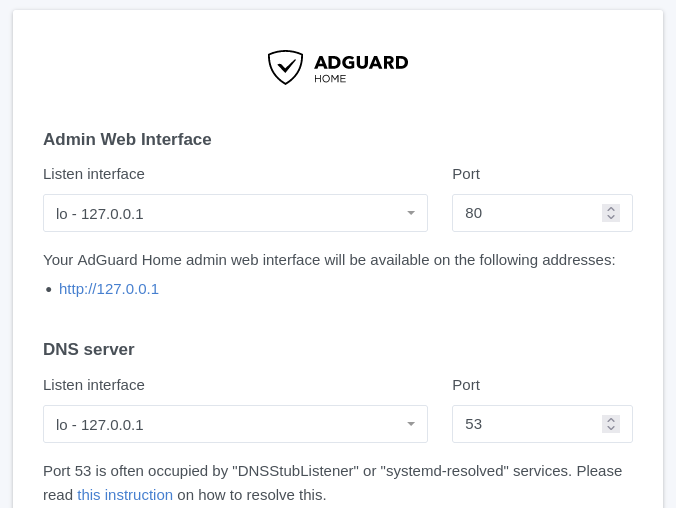 Écran de l'assistant AdGuard Home : choix de l'interface et du port pour l'interface d'administration et pour le serveur DNS