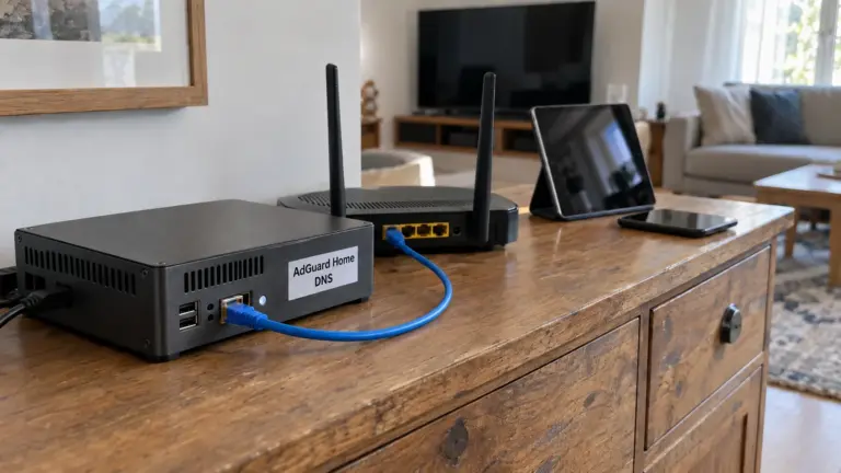 Mini-PC étiqueté AdGuard Home relié par Ethernet à un routeur, avec tablette, smartphone et téléviseur dans un salon.