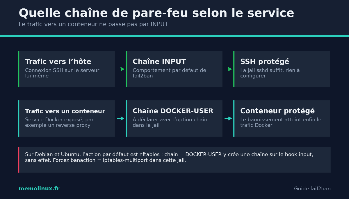 Chaînes de pare-feu utilisées par fail2ban : INPUT pour SSH, DOCKER-USER pour un conteneur