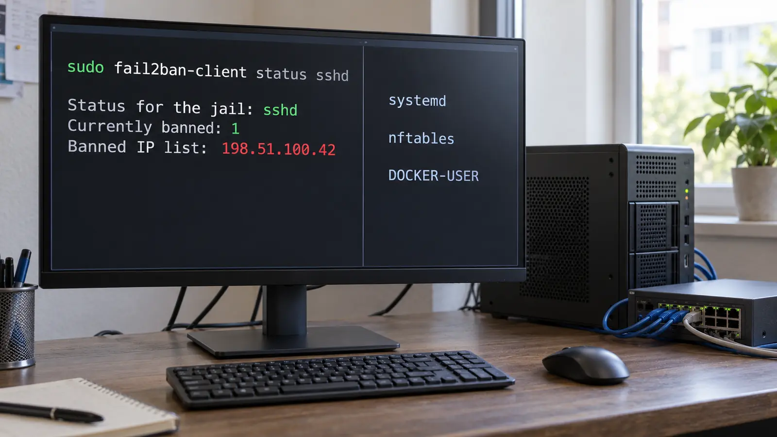 Fail2ban sous Linux surveillant SSH et bannissant une adresse IP via nftables, avec la chaîne Docker DOCKER-USER