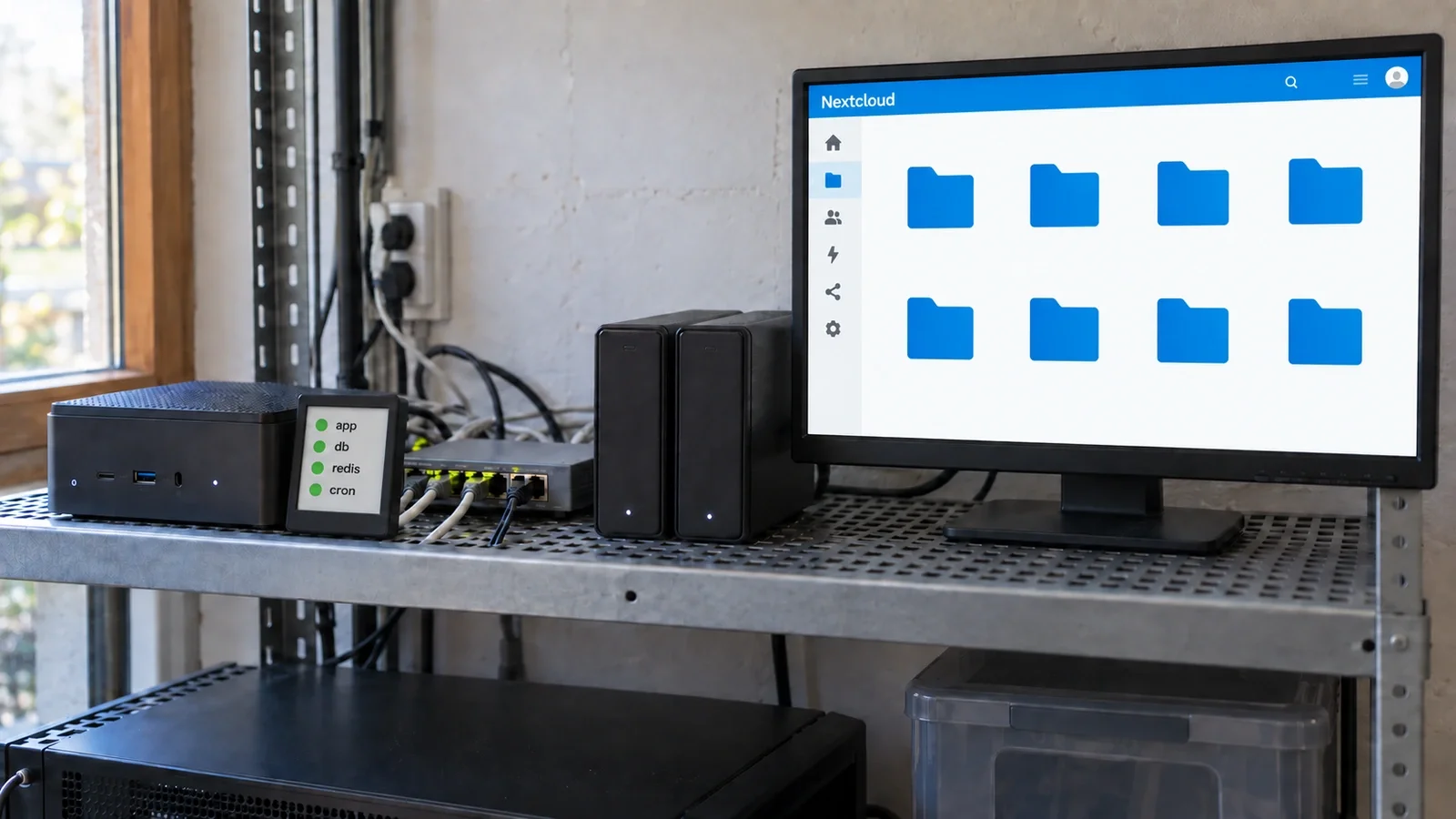 Installation Nextcloud Docker sur un serveur Linux avec stockage local et quatre services app, MariaDB, Redis et cron