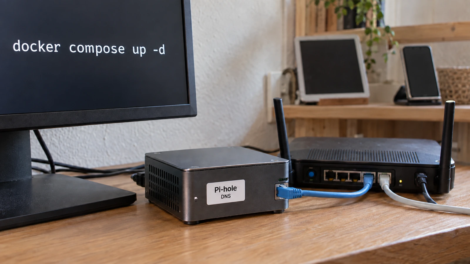 Mini-serveur Pi-hole relié par Ethernet à un routeur, avec la commande Docker Compose affichée sur un écran.