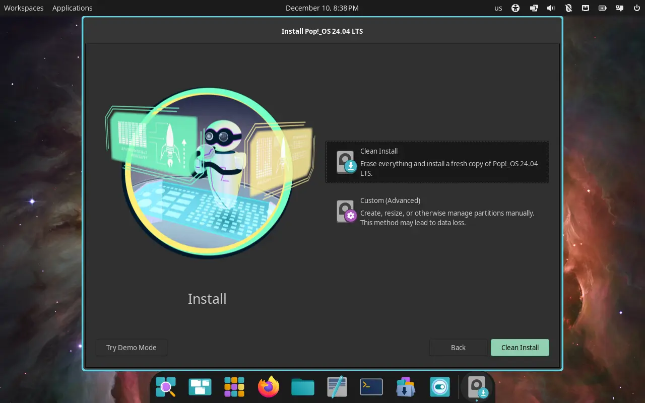 Écran de l'installateur de Pop!_OS 24.04 LTS proposant Clean Install, Custom (Advanced) et Try Demo Mode
