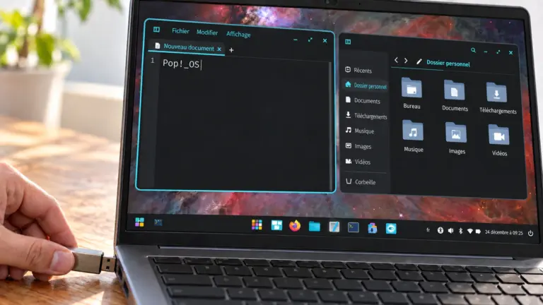 Ordinateur portable affichant COSMIC de Pop!_OS en français, avec deux fenêtres côte à côte et une main manipulant une clé USB sans inscription.