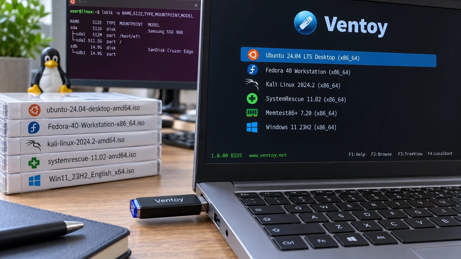 Clé USB Ventoy connectée à un PC Linux avec menu multiboot de plusieurs images ISO