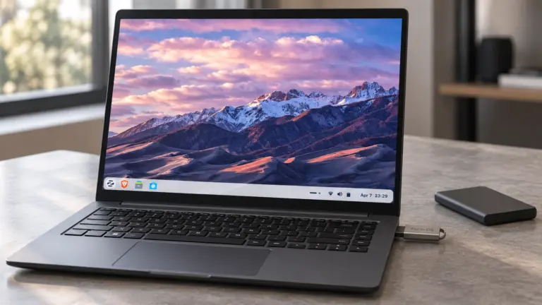 PC portable affichant le bureau Zorin OS, avec une clé USB branchée et un disque externe à proximité.