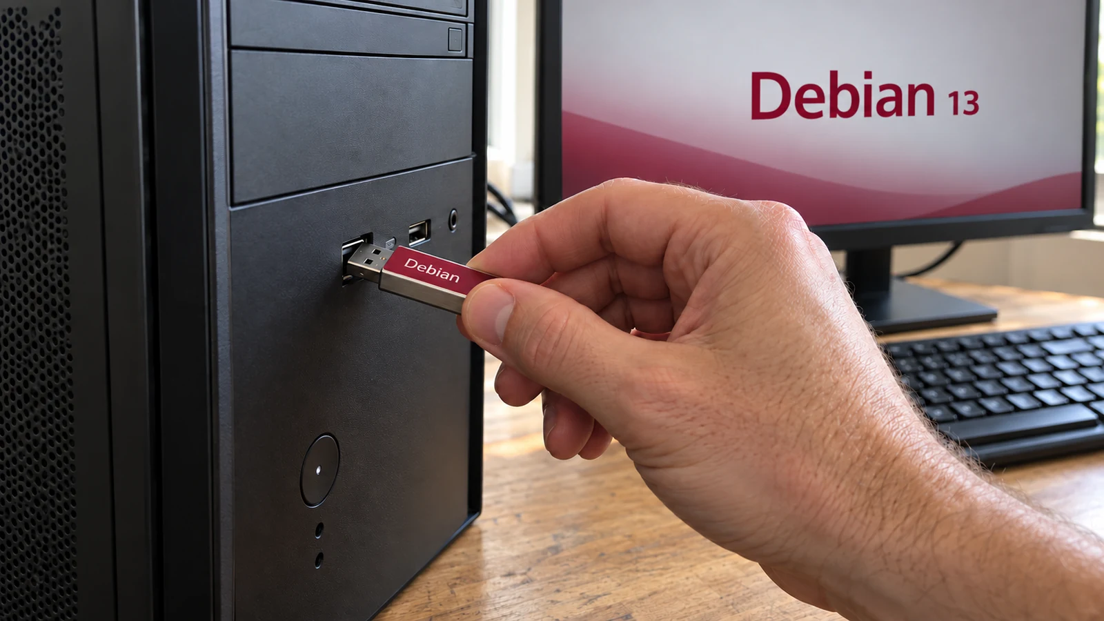 Main insérant une clé USB étiquetée Debian dans un PC, avec Debian 13 affiché sur l’écran en arrière-plan.
