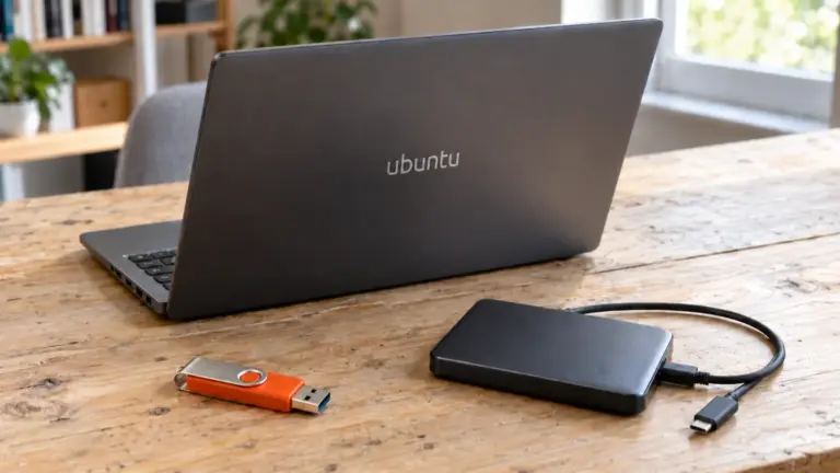Ordinateur portable gris marqué Ubuntu sur un bureau en bois, avec une clé USB orange et un disque dur externe